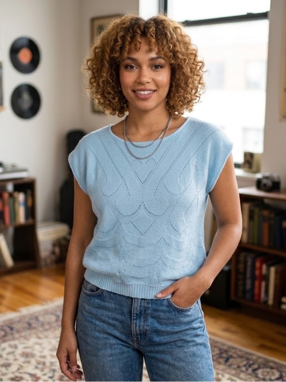 Vintage Soft Blue Acrylic Sweater Vest, Size Large Scoop Neck Cap Sleeve Top